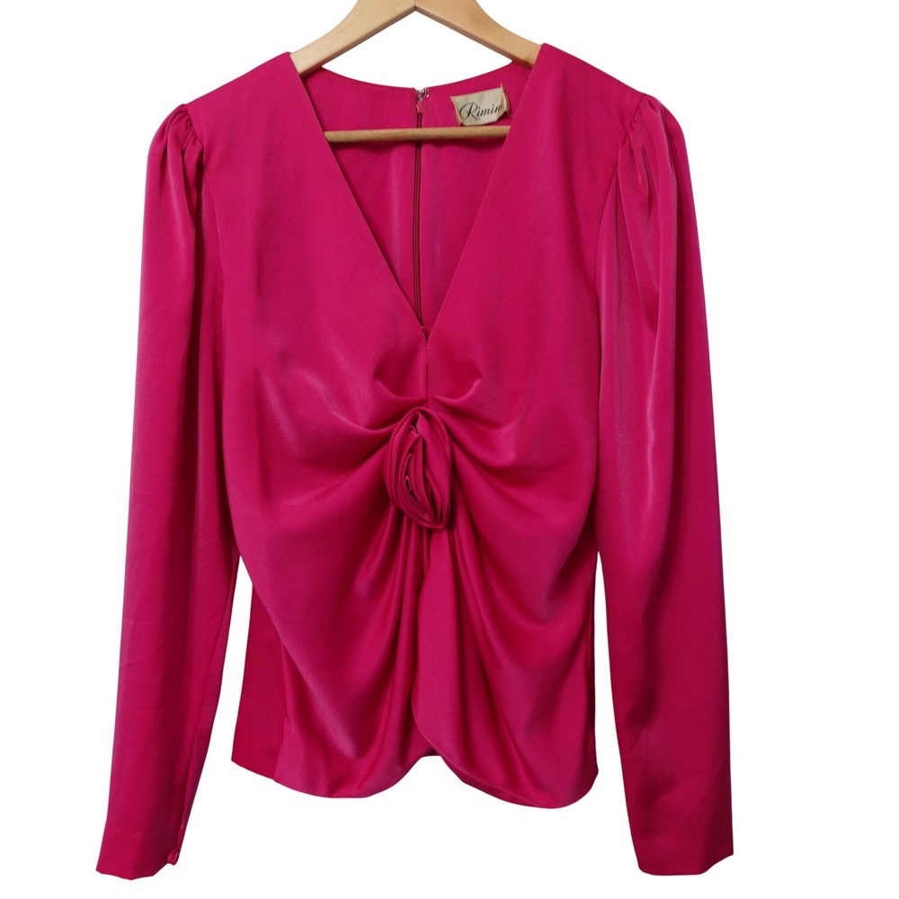 Vintage Rimini Hot Pink Rosette Satin Blouse 80s V-Neck Top‎ Size 12 Silk Party